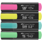 Four Faber-Castell highlighters stacked vertically in pink, yellow, blue, and green with black bodies and color caps visible in a close-up shot.