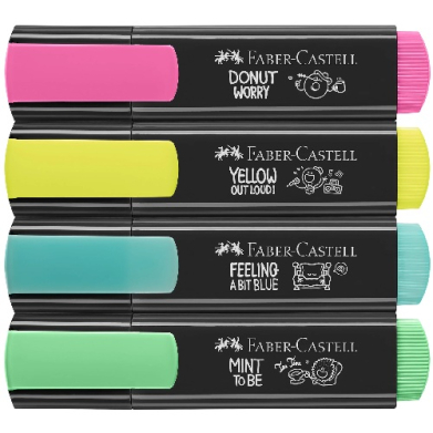 Four Faber-Castell highlighters stacked vertically in pink, yellow, blue, and green with black bodies and color caps visible in a close-up shot.