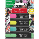 Faber-Castell highlighter set with colored caps (pink, yellow, blue, green) on a patterned background; green tag notes recycled plastic.