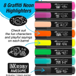 Ad for 8 Faber-Castell graffiti neon highlighters, showing colorful markers with playful sayings on the barrels.