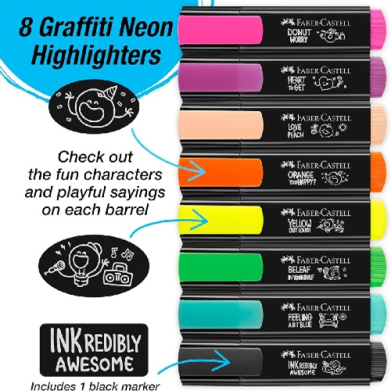 Ad for 8 Faber-Castell graffiti neon highlighters, showing colorful markers with playful sayings on the barrels.
