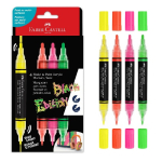 Set of four FabER Castell Shake & Paint Acryli markers in yellow, orange, pink, and green with caps shown beside the black packaging box.