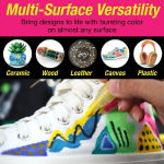 Advertisement for Multi-Surface Versatility: shows painting a colorful sneaker with yellow paint and icons for Ceramic, Wood, Leather, Canvas, Plastic