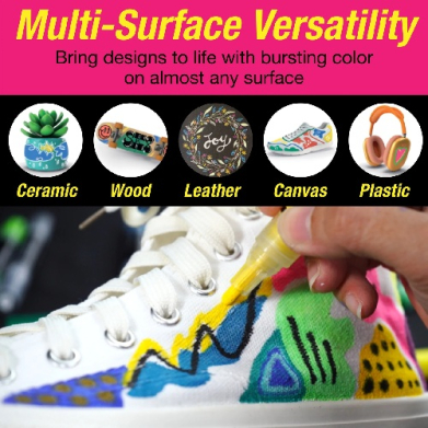Advertisement for Multi-Surface Versatility: shows painting a colorful sneaker with yellow paint and icons for Ceramic, Wood, Leather, Canvas, Plastic