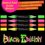 Neon-colored marker set displayed on a black background; six pens in green, pink, orange, and yellow with caps on both ends. A pink circular label reads 'Shake & Paint Acrylic Markers' and orange ribbons note '6 highly pigmented, opaque, water-based neon colors'; bottom features 'Black Edition' in bright stylized text.