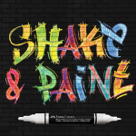 Colorful graffiti-style text reads 'SHACK & PAINT' on a black brick wall, with a black double-ended marker below.