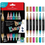 Faber-Castell Black Edition brush markers set in a black-and-red display box with 12 colorful markers and caps shown to the right and bottom.