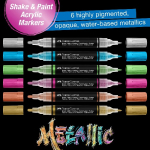 Six color-coded acrylic markers lined up on a black background, with a purple Shake & Paint Acrylic Markers badge and a blue banner that reads '6 highly pigmented, opaque, water-based markers'.