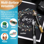 Ad highlighting multi-surface markers for Ceramic, Wood, Canvas, Plastic, Leather; samples shown on blue panel and chalkboard art.