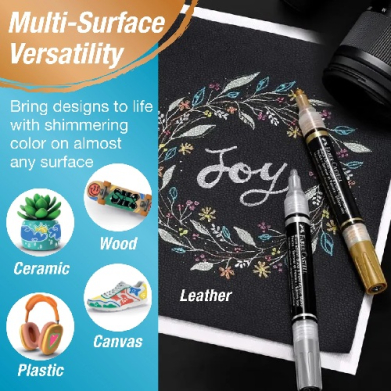Ad highlighting multi-surface markers for Ceramic, Wood, Canvas, Plastic, Leather; samples shown on blue panel and chalkboard art.