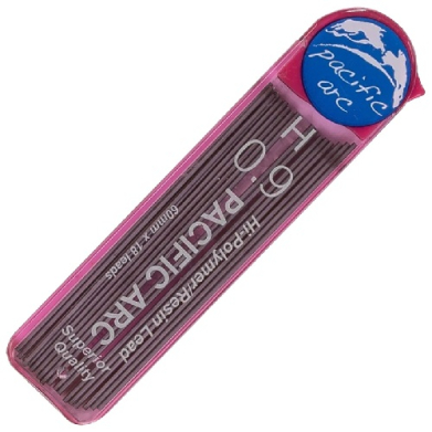 Pink plastic case containing a pack of 0.9 mm pencil leads with a blue cap labeled Pacific Arc on the end.