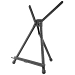 Black metal guitar stand with a cradle formed by two arms and three foldable legs on a white background