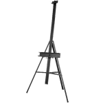 Black wooden artist easel with adjustable legs and a small shelf, standing on a white background.