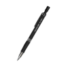 Black mechanical pencil angled diagonally with a textured grip and exposed metal lead tip on white background