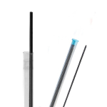 Close-up of three vaping or tubing components: a clear glass tube with a black rod, a stainless steel tube with a blue-tipped cap, and a black corded tube joiner.