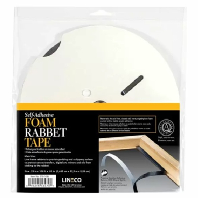 Self-adhesive foam rabbet tape in clear packaging with a white roll and a black/yellow label visible on top surface,