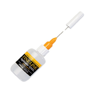 Glue bottle with orange precision applicator tip and white cap
