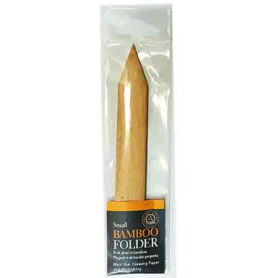 Bamboo folding tool in plastic packaging labeled 'Small Bamboo Folder' for creasing paper and scoring folds