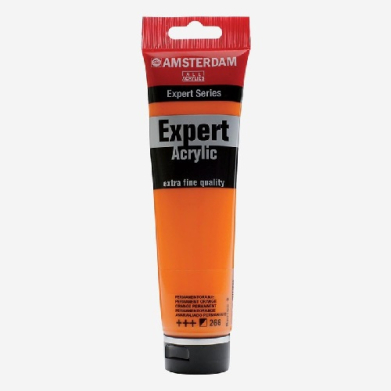 Orange acrylic paint tube from the Amsterdam Expert Series with a red cap, labeled 'Expert Acrylic' and 'extra fine quality' on a black-and-orange design.