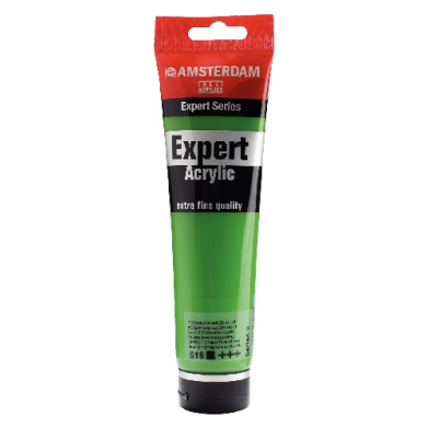 Green acrylic paint tube from the Amsterdam Expert Series, with a red cap and a black label reading 'Expert Acrylic'.