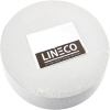 Roll of white toilet paper with a black-and-white LINECO label placed on top