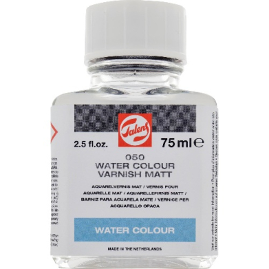 Bottle of Talens Water Colour Varnish Matt, 75 ml (2.5 fl oz), with label showing Talens logo and ‘Water Colour’ text.
