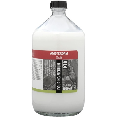 Plastic bottle of Amsterdam Pouring Medium, 1000 ml, with red and black label and white liquid inside.
