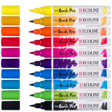 Row of Ecoline brush pens in a rainbow of colors with caps on the left and tips showing on the right.