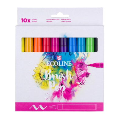 Set of 10 Ecoline Brush Pens in bright primary colors visible through a cutout window on a white box with colorful paint splash design and pink accents at bottom.
