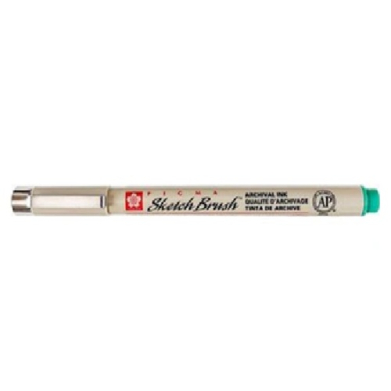 Silver brush pen marker with teal cap, labeled 'Sketch Brush' archival ink for art projects (informational product image).