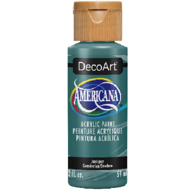 DecoArt Americana acrylic paint bottle in Juniper color, teal bottle with gold cap (59 ml / 2 fl oz).