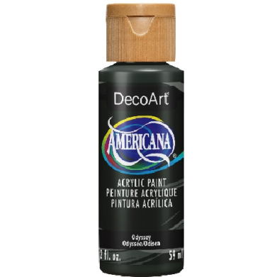 Bottle of DecoArt Americana acrylic paint with a tan cap; label reads 'DecoArt Americana Acrylic Paint' and shows size '2 fl oz (59 ml)'