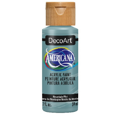 Blue bottle of DecoArt Americana acrylic paint with a beige cap, labeled Mountain Mist (2 fl oz / 59 mL).