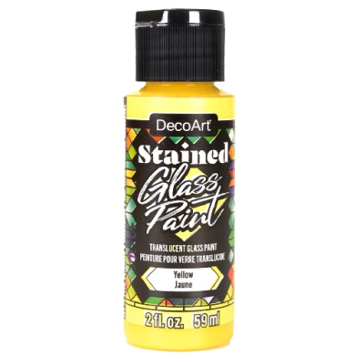 Yellow DecoArt Stained Glass Paint bottle with black cap, label reading 'Stained Glass Paint' and 'Yellow' (Jaune) — 2 fl oz / 59 ml