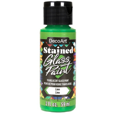 Green bottle of DecoArt Stained Glass Paint in Lime, with a black cap and a colorful label showing 'Stained Glass Paint' and the lime color