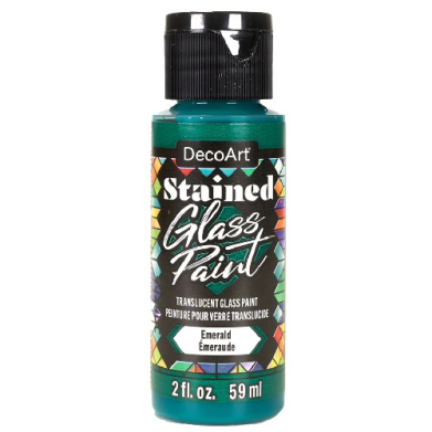 Emerald green DecoArt Stained Glass Paint bottle, translucent glass paint, 2 fl oz (59 ml), black cap.