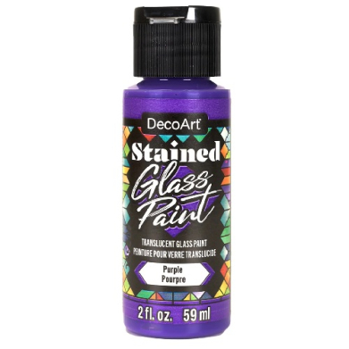 Purple DecoArt Stained Glass Paint bottle with black cap; label says Stained Glass Paint, color Purple, 2 fl oz (59 ml)