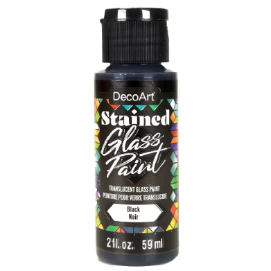 Bottle of DecoArt Stained Glass Paint in Black (2 fl oz / 59 ml) with a colorful geometric label, shown against a white background.