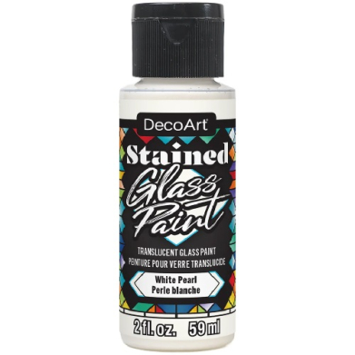 Bottle of DecoArt Stained Glass Paint in White Pearl (2 fl oz / 59 ml) with a black cap and a colorful label.