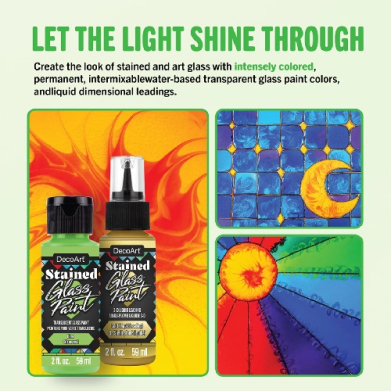 Advertisement for DecoArt stained glass paints: three bottles on a fiery orange background with colorful mosaic panels framed in green.